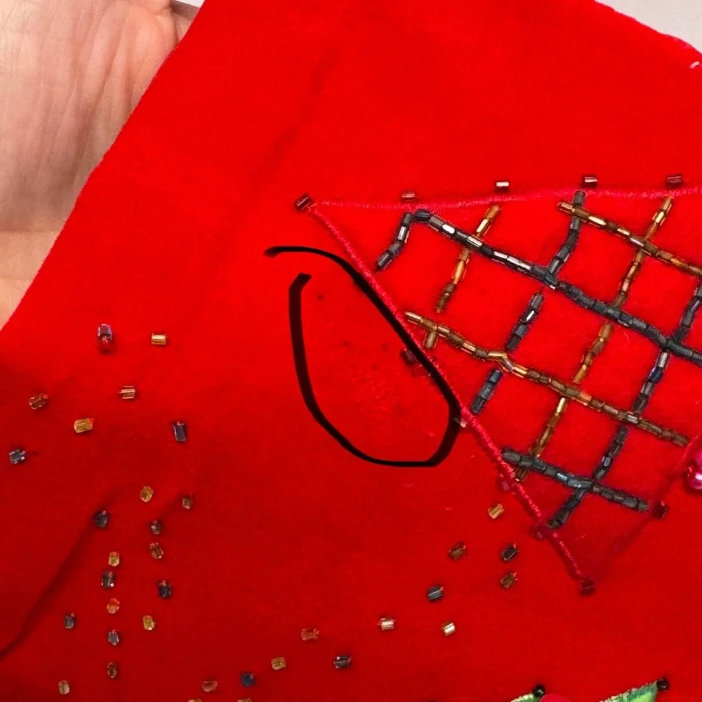 Vintage Christmas Stocking Red Embellished Trees Embroidery‎ Beaded